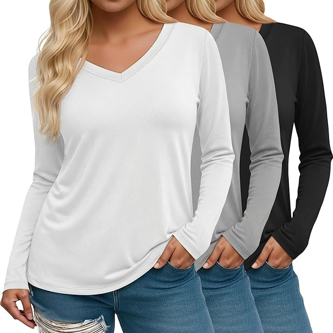 Riyiper 3 Pack Women's Plus Size T Shirt V Neck Long Sleeve Tops Loose Fit Casual Basic Elegant T... | Amazon (US)