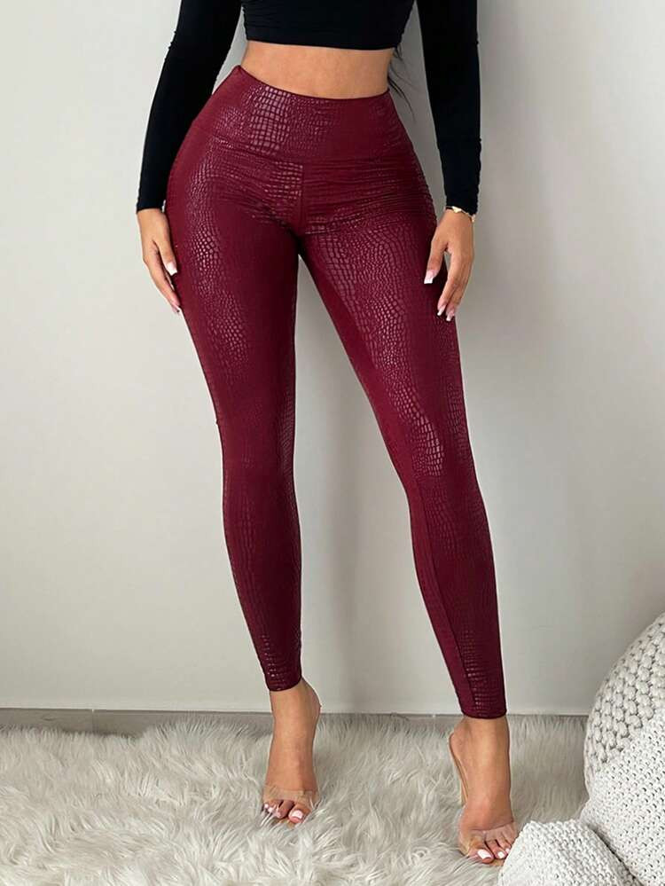SHEIN SXY Burgundy Animal Print High Waist Skinny Leggings,Winter ,Christmas,Sexy ,Red ,Fall,Club,Fall,Fall Clothes For Women Women Leggings | SHEIN