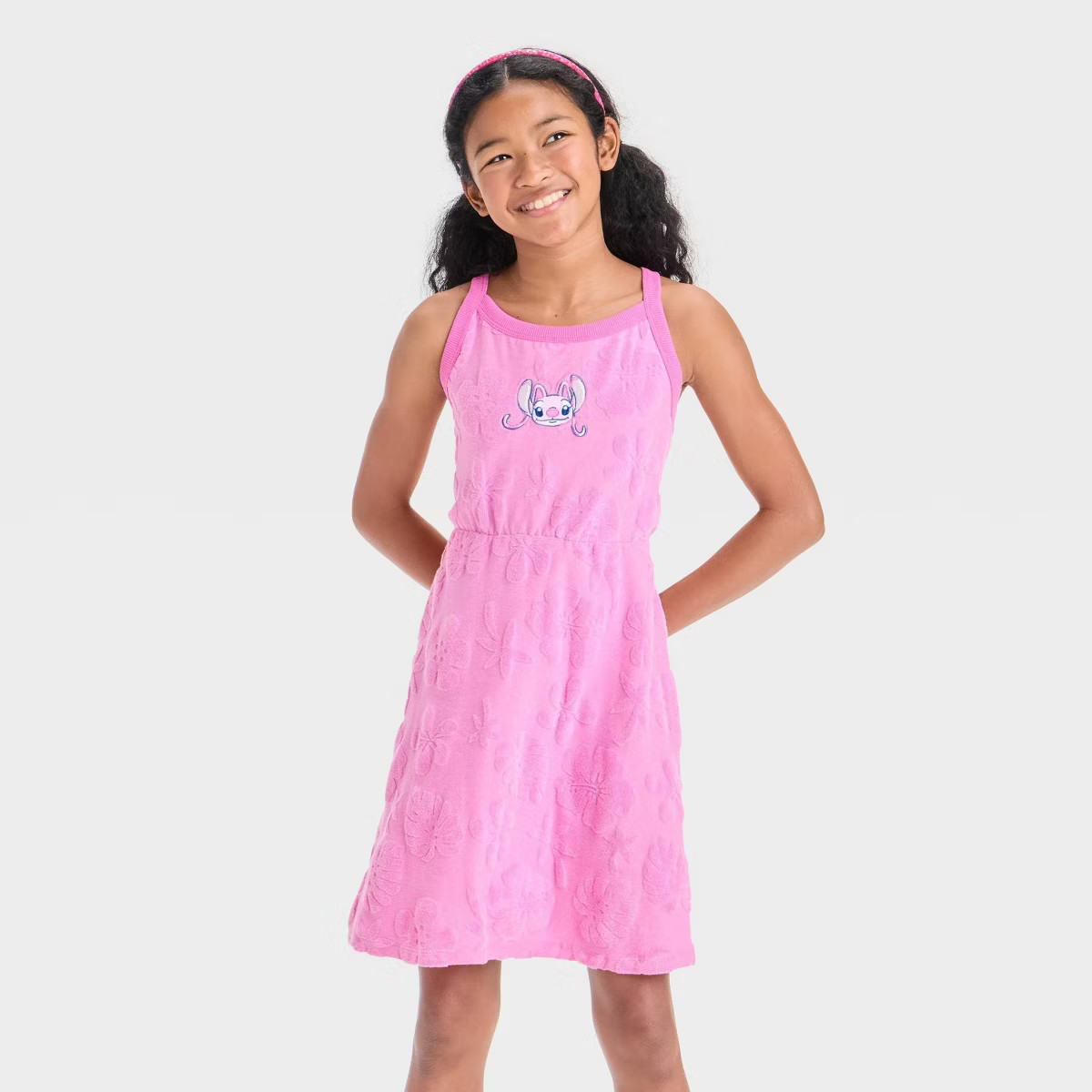 Girls' Disney Stitch and Angel Embroidered Terry Tank Dress - Pink | Target