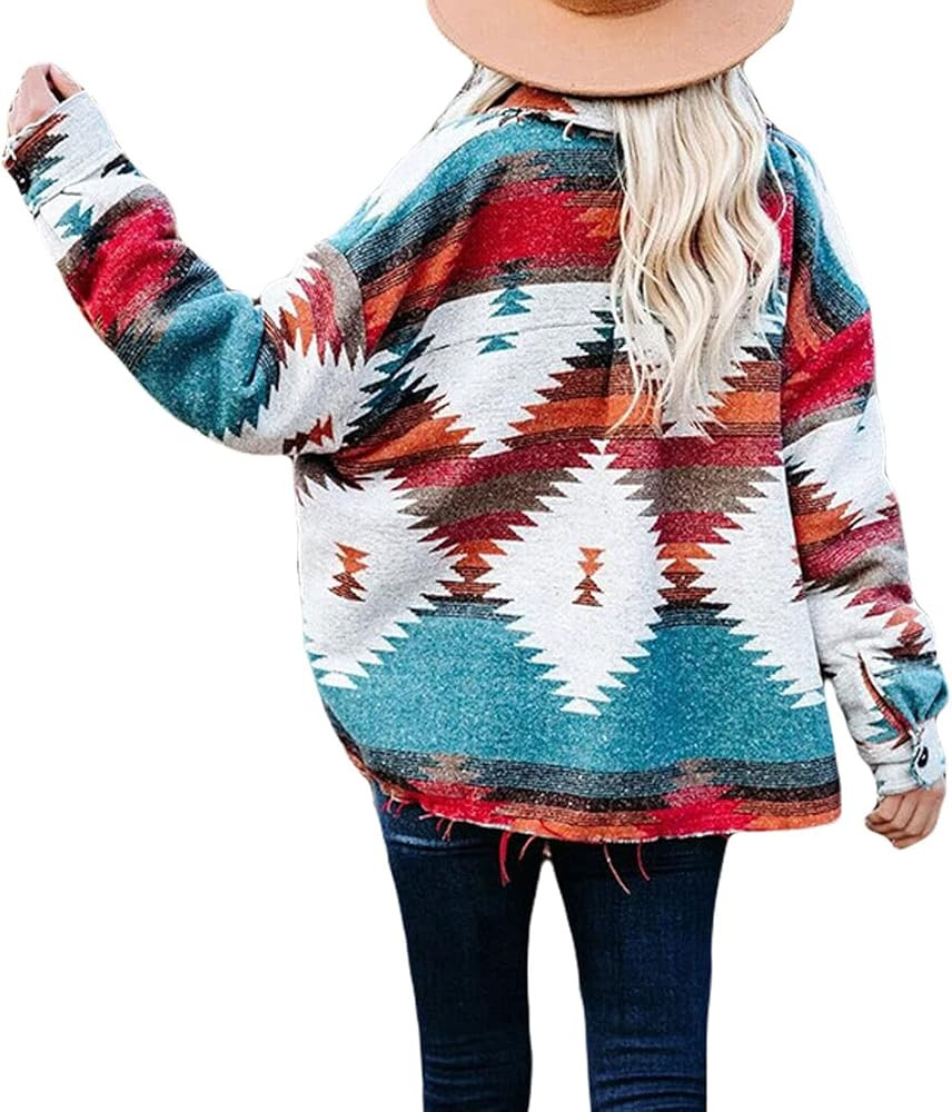 CHARTOU Women's Western Aztec Ethnic Distressed Button Down Wool Coat Jacket Shacket | Amazon (US)