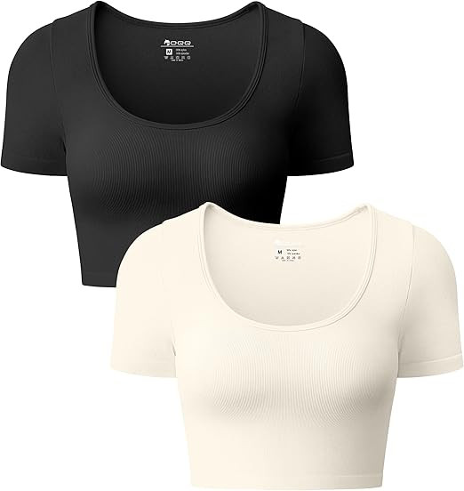 OQQ Women's 2 Piece Crop Tops Sexy Ribbed Seamless Short Sleeve Shirts Scoop Neck Top | Amazon (US)