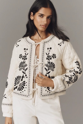 MABLE Embroidered Tie-Front Quilted Jacket | Anthropologie (US)