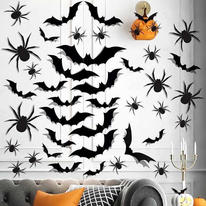 Halloween Decoration Stickers,Bat Spider Stickers,72pcs Halloween Scary 3D Bat Spider Stickers,Ha... | Amazon (US)