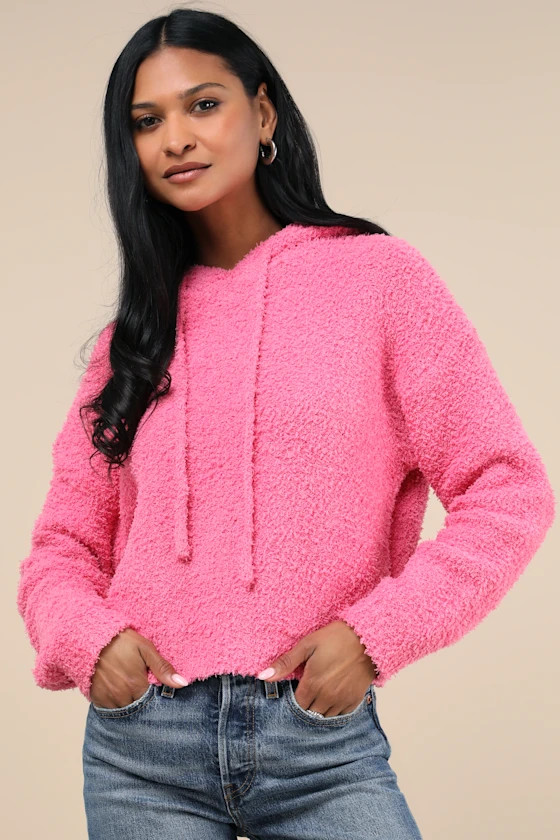 Cuddly Perfection Hot Pink Fuzzy Pullover Hoodie | Lulus