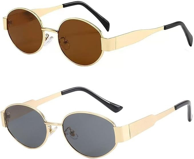 2 Pieces Of Retro Oval Sunglasses, Fashionable Sunglasses For Both Men And Women, Outdoor Sunscre... | Amazon (UK)