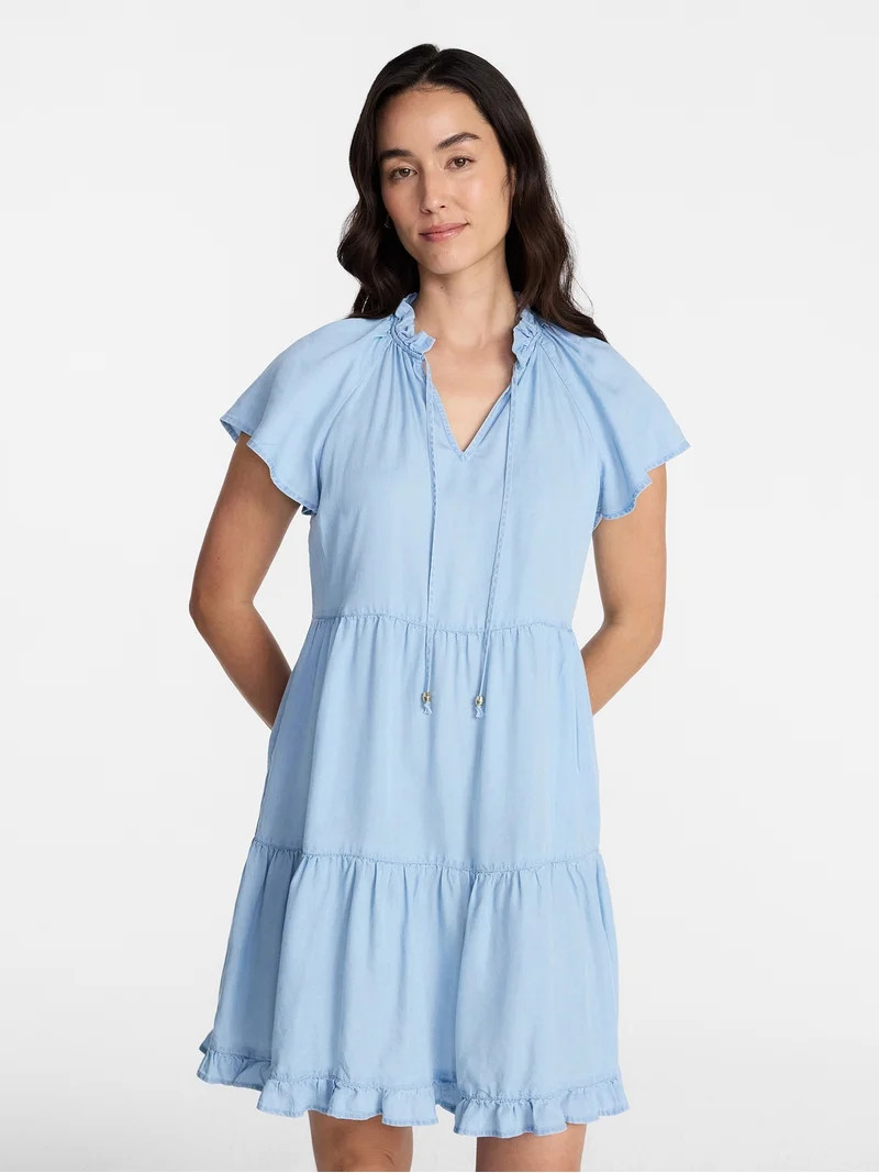 Time and Tru Women's Tiered Mini Dress with Flutter Sleeves, Sizes XS-XXXL | Walmart (US)