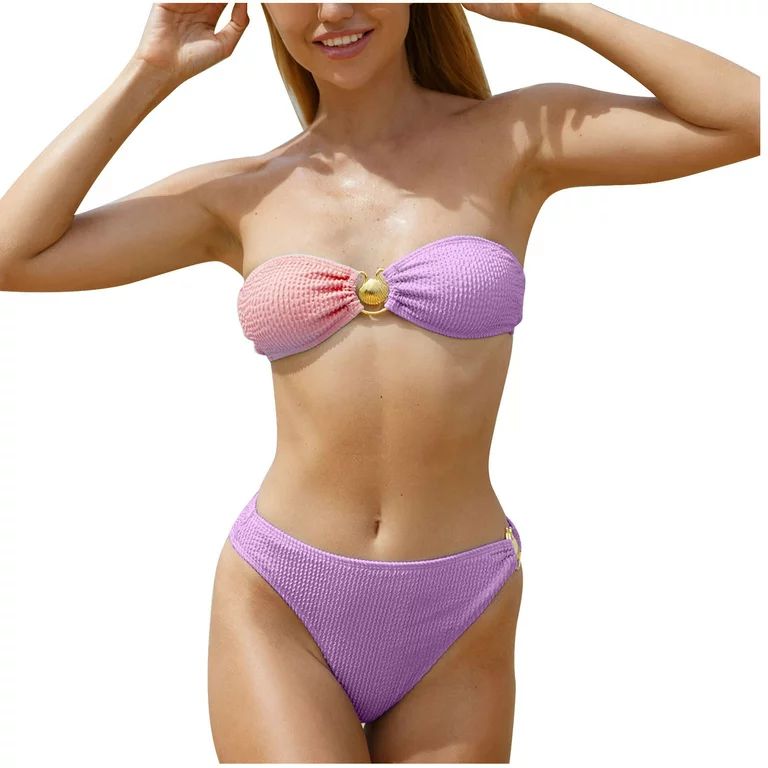 RQYYD Reduced Women Bandeau Bikini Set Off Shoulder Ring Strapless Crinkle Fabric Strapless Swims... | Walmart (US)