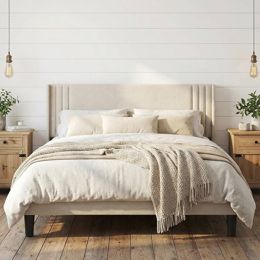 Gizoon Queen Bed Frame with Wingback Headboard, Upholstered Platform Bed, Wooden Slats, Noise-Fre... | Amazon (US)