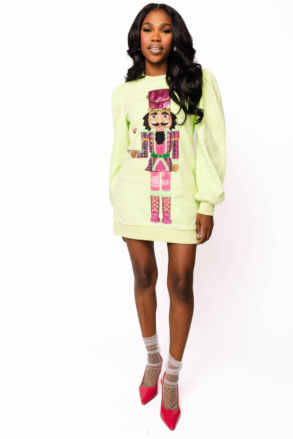 Bright Green & Pink Nutcracker Serving Cocktail Sweatshirt Dress | Queen of Sparkles