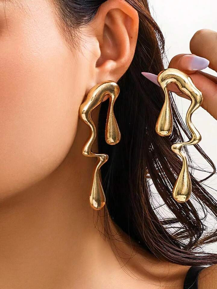 Irregular Waterdrop Earrings Mismatched Earrings, Melting Liquid Asymmetrical Drop Earrings, Gold... | SHEIN