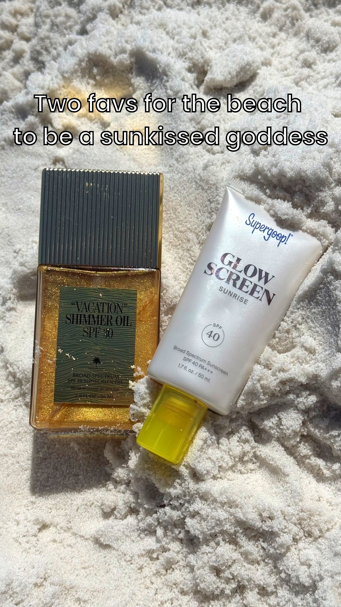 I use @supergoop Play spray sunscreen all over and then add the @vacationoil Shimmer oil to arms and chest, and I wear the Glow Screen daily even not at the beach for a built in highlighter. I use the Sunrise or Golden Hour colors

#LTKTravel #LTKBeauty