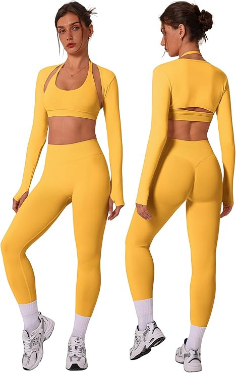 3 Piece Workout Sets for Women Seamless Halter Sports Bra High Waist Leggings Long Sleeve Shrug G... | Amazon (US)