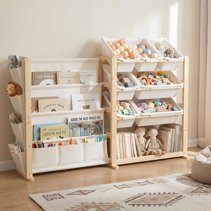 Fodoss Book Shelf for Kids Rooms - Toy Storage Organizer with Bookshelf, Solid Wood Kids Bookshelf with 7 Bins, Side Storage Pockets, Large Toy Organization for Nursery, Natural Pine | Amazon (US)