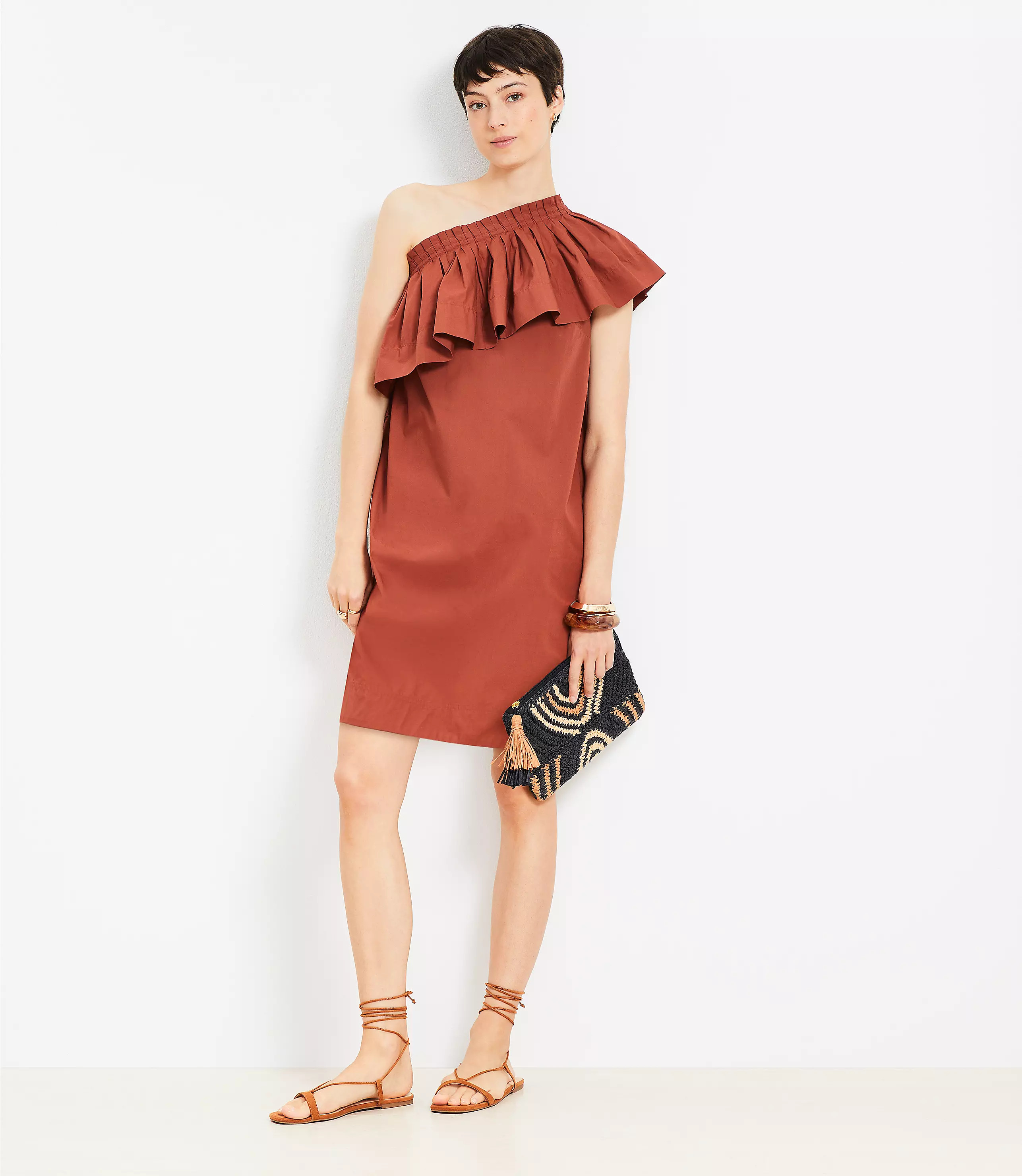 Poplin Ruffle One Shoulder Mini Dress | LOFT