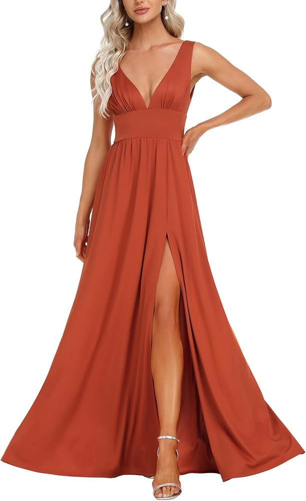 Ever-Pretty Women's Bridesmaid Dresses Deep V-Neck Sleeveless Side Slit Floor Length Wedding Gues... | Amazon (US)