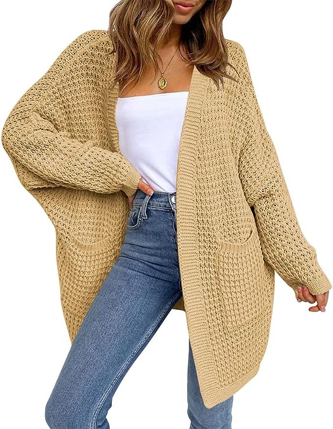 LOGENE Women's Long Batwing Sleeve Open Front Slouchy Chunky Knit Cardigan Sweater with Pockets (... | Amazon (US)