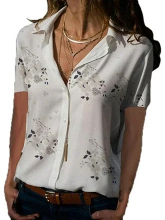 Women Solid V-Neck Short Sleeve Button Down Blouse Suit collar Shirt | Walmart (US)