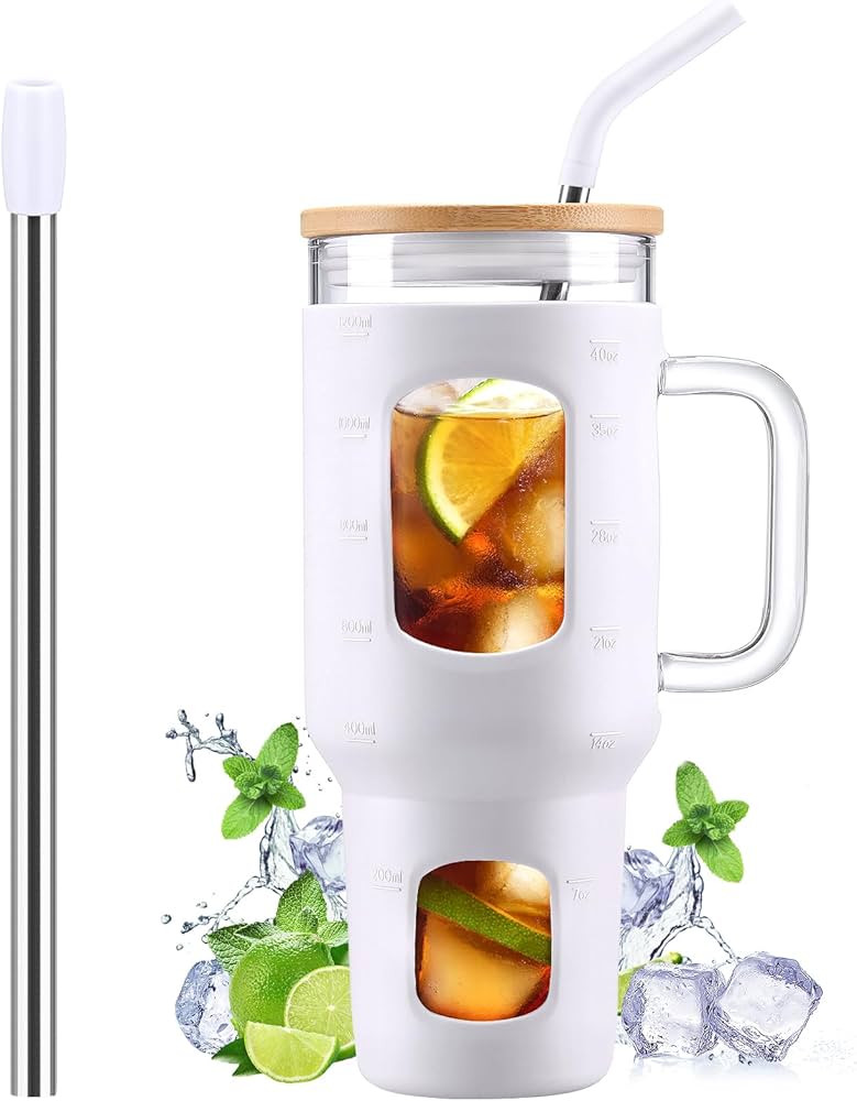 Glass Tumbler with Straw and Lid, 40 oz Glass Cup with Handle, Glass Water Bottles with Time Mark... | Amazon (US)