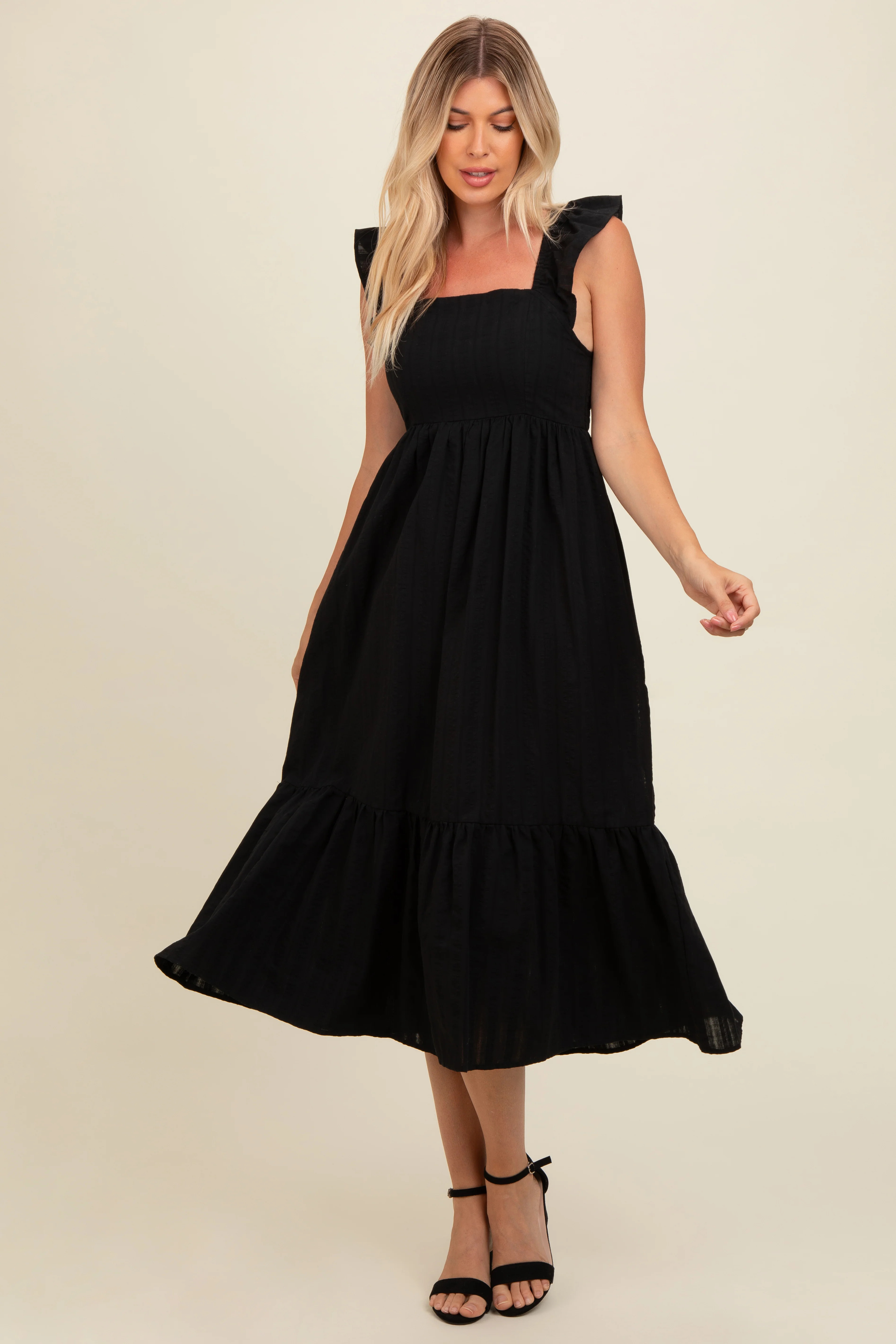 Black Textured Cotton Ruffle Strap Midi Dress | PinkBlush Maternity