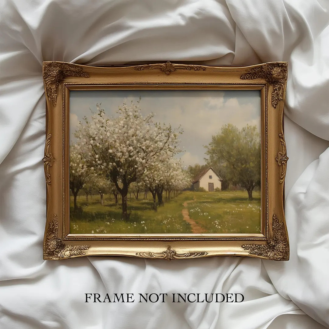 Vintage Spring Blooming Orchard Art Print | Countryside Landscape Painting | Country Farmhouse Wa... | Etsy (US)