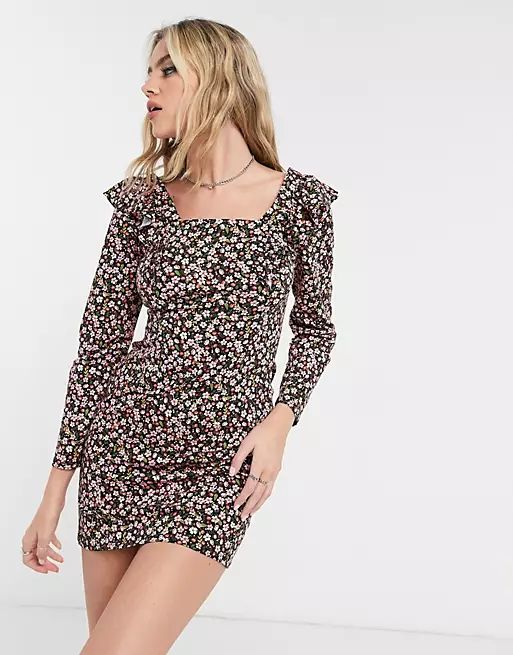 ASOS DESIGN mini long sleeve with frill detail dress in black and pink floral | ASOS (Global)