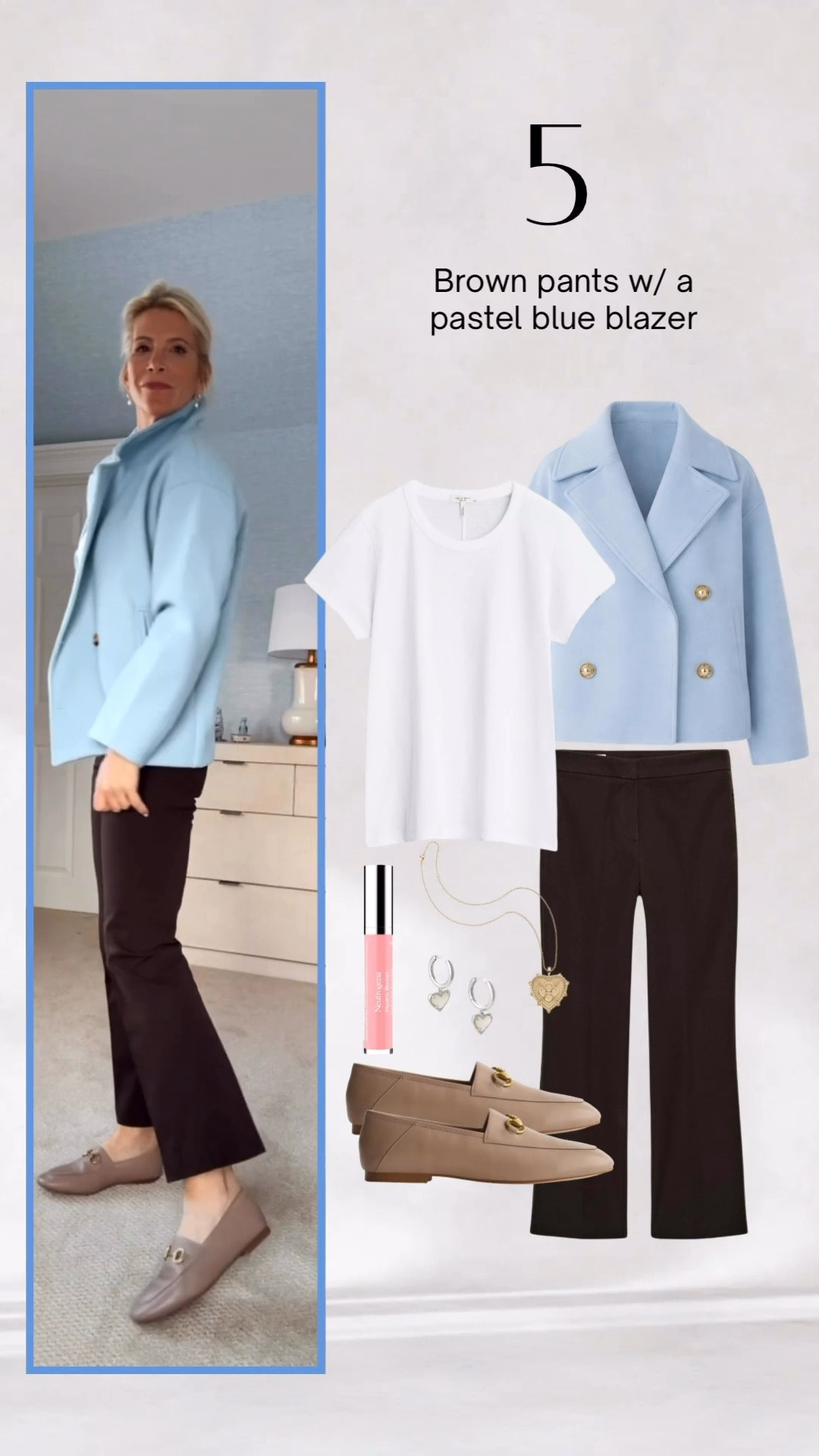 Pastel blue blazer with brown pants for polished casual outfits.

#LTKOver40 #LTKootd