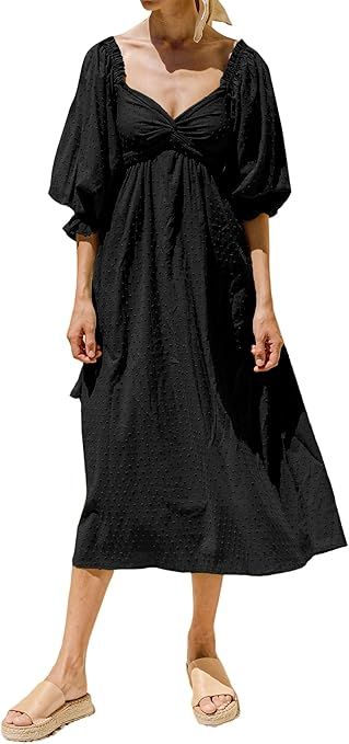 R.Vivimos Women's Summer Boho Cotton Puff Sleeve Dress Swiss Dots Lace Up Smocked Casual A-Line F... | Amazon (US)