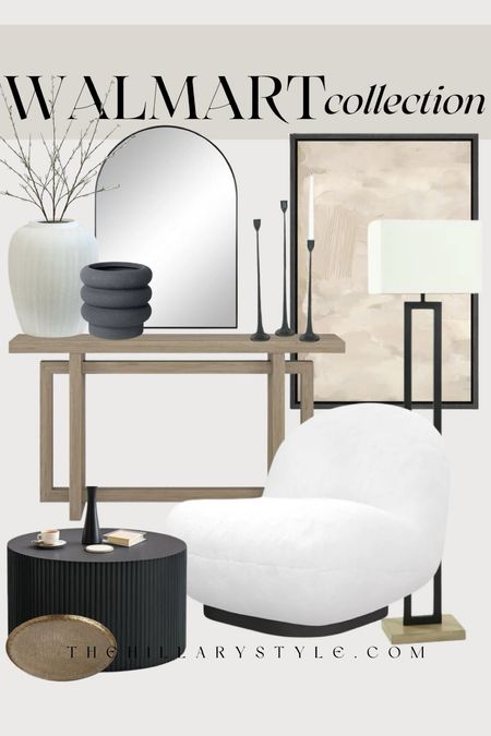 Walmart Collection: neutral Home decor and furniture finds from Walmart. White Boucle accent chair, black drum coffee table, black floor lamp, wood console table, console, framed art, neutral art, abstract art, ceramic vase, white vase, bubble planter, gray planter, black arched mirror, iron candle holders, faux stems, gold tray. 

#LTKSeasonal #LTKhome #LTKstyletip