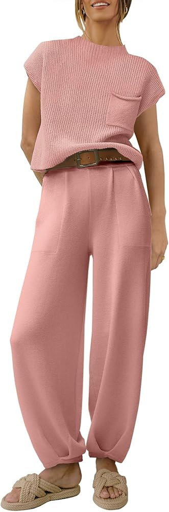 ANRABESS Women's Two Piece Outfits Sweater Sets Knit Pullover Tops and High Waisted Pants Tracksu... | Amazon (US)