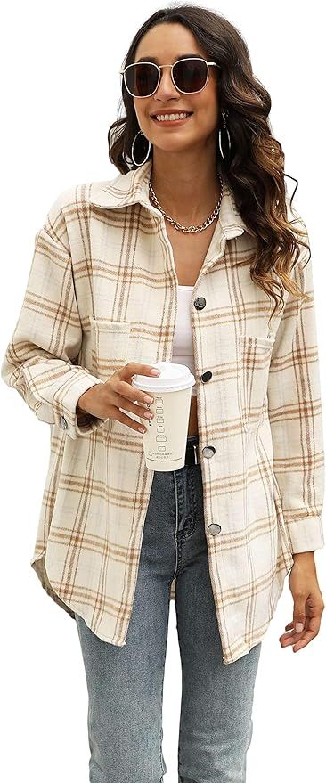 Yeokou Women's Vintage Plaid Flannel Brushed Wool Blend Button Down Shacket Shirts | Amazon (US)