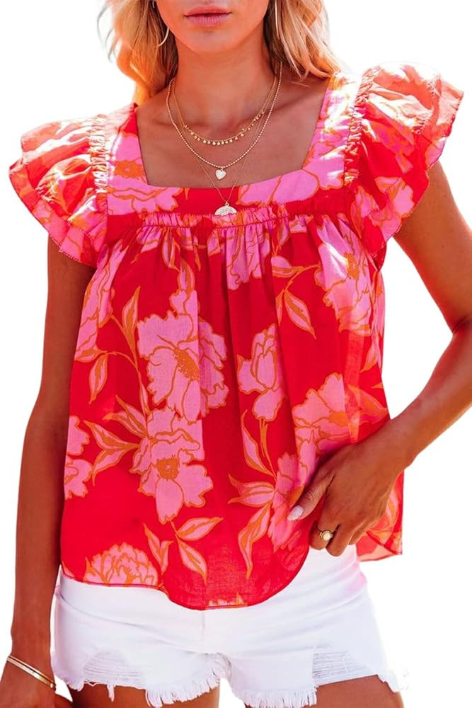 Women's Red Floral Square Neck Ruffle Sleeve Blouse Casual Square Collar Floral Cap Sleeve Tees T... | Amazon (US)