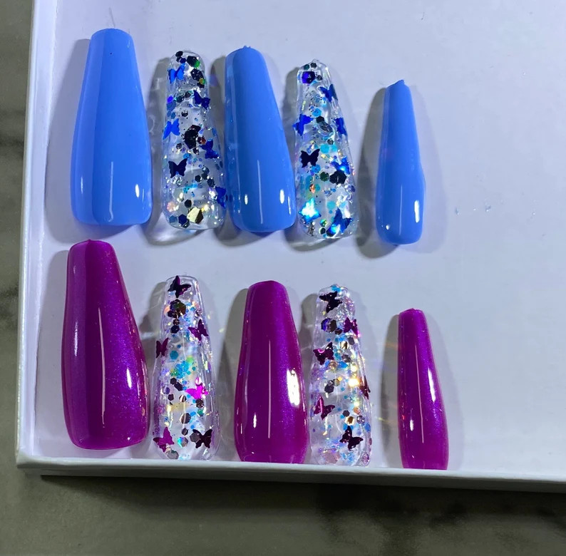 Blue, Green and Purple Butterfly Press On Fake Nails | Etsy (US)