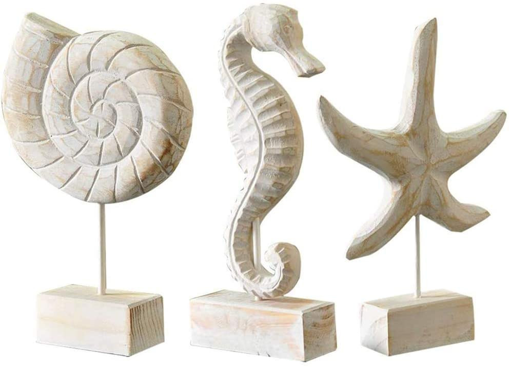 Creproly 3Pcs Modern Wood Sculpture Home Decor Statue Starfish Conch Seahorse Figurines Beach Nau... | Amazon (US)
