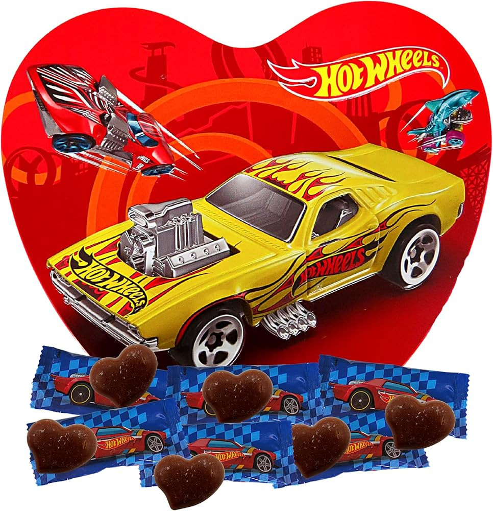Hot Wheels Valentine with Individually Wrapped Solid Milk Chocolates, Car Themed Heart-Shaped Tin... | Amazon (US)