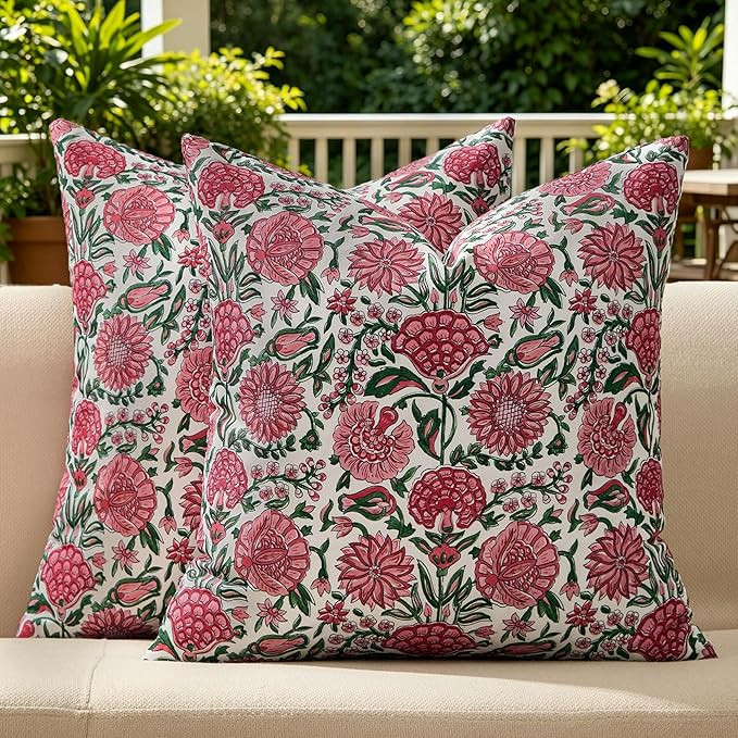 Allorry Outdoor Pillow Covers 18x18 Set of 2 Vintage Pink Red Floral Block Print Pillow Cover Neu... | Amazon (US)