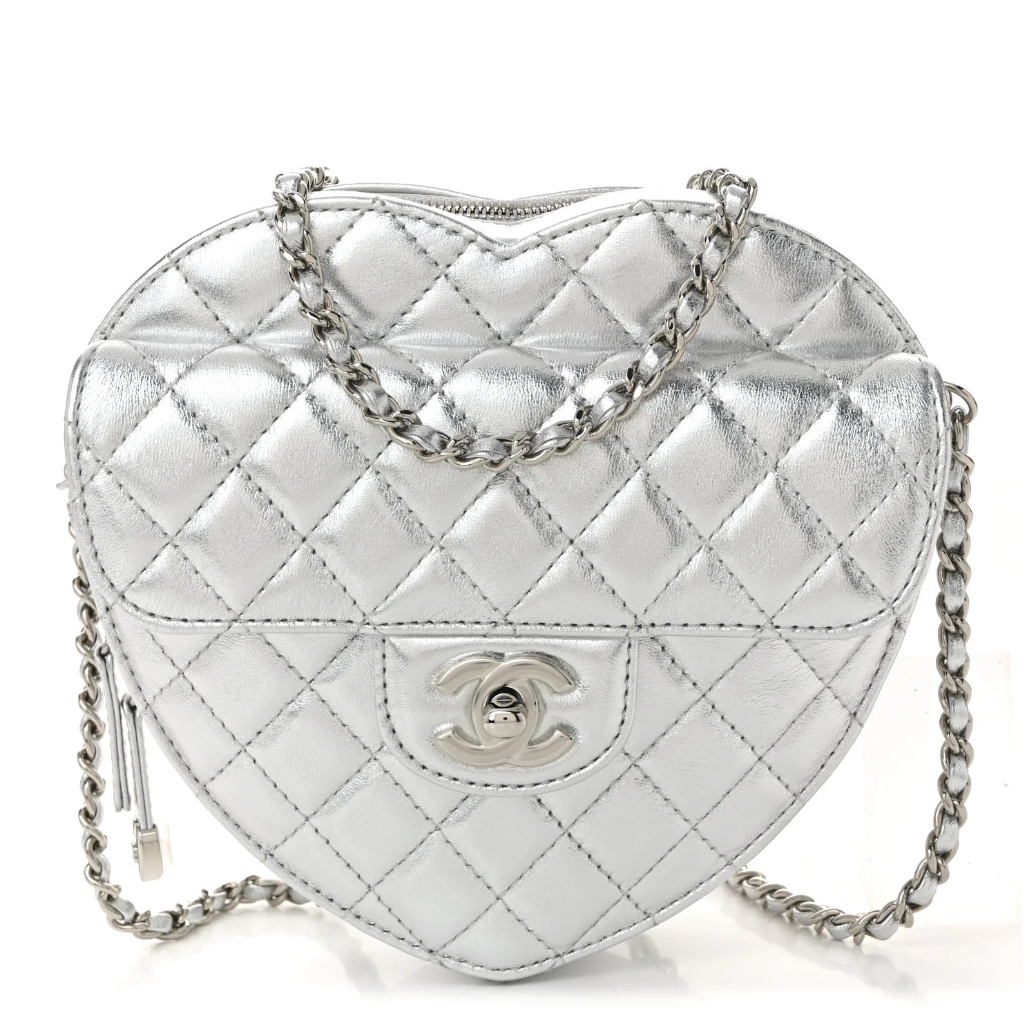 Metallic Lambskin Quilted Large CC In Love Heart Bag Silver | FASHIONPHILE (US)