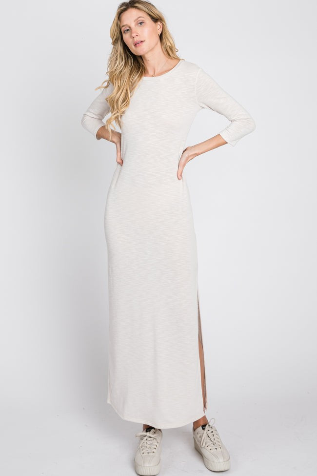 Ivory French Terry Side Slit Maternity Maxi Dress | PinkBlush Maternity