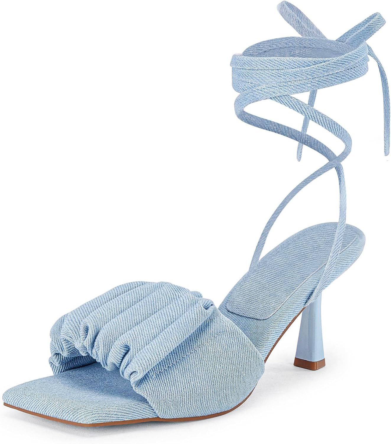 Coutgo Womens Strappy Heels Lace up Sandals Denim Square Open Toe Tie-up Heels Kitten Low Heel An... | Amazon (US)