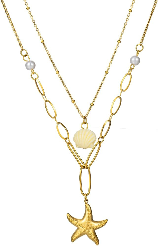 14K Gold Plated Sea Shell Starfish Layer Charm Necklace for Women, Statement Chunky Layered Boho ... | Amazon (US)