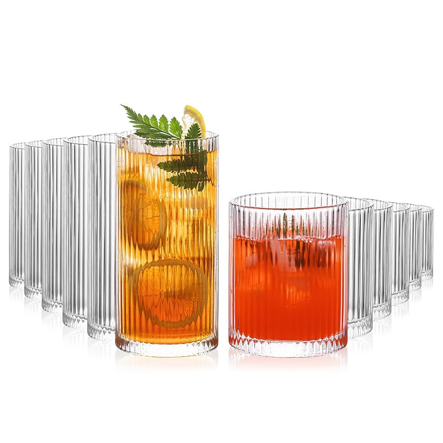 INSETLAN 12-Piece Ribbed Glassware - 6 Highball Glasses 12 oz, 6 Rocks Glass Cups 14 oz, Vintage ... | Amazon (US)