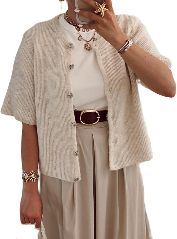 UAURORAO Women Short Sleeve Cardigan Sweater Y2k Button Down Knit Shirts Crew Neck Open Front Cro... | Amazon (US)