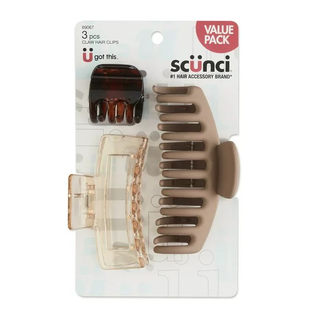 Scunci Plastic Claw Clips in Assorted Shapes and Sizes, Neutral Colors, 3 Ct | Walmart (US)