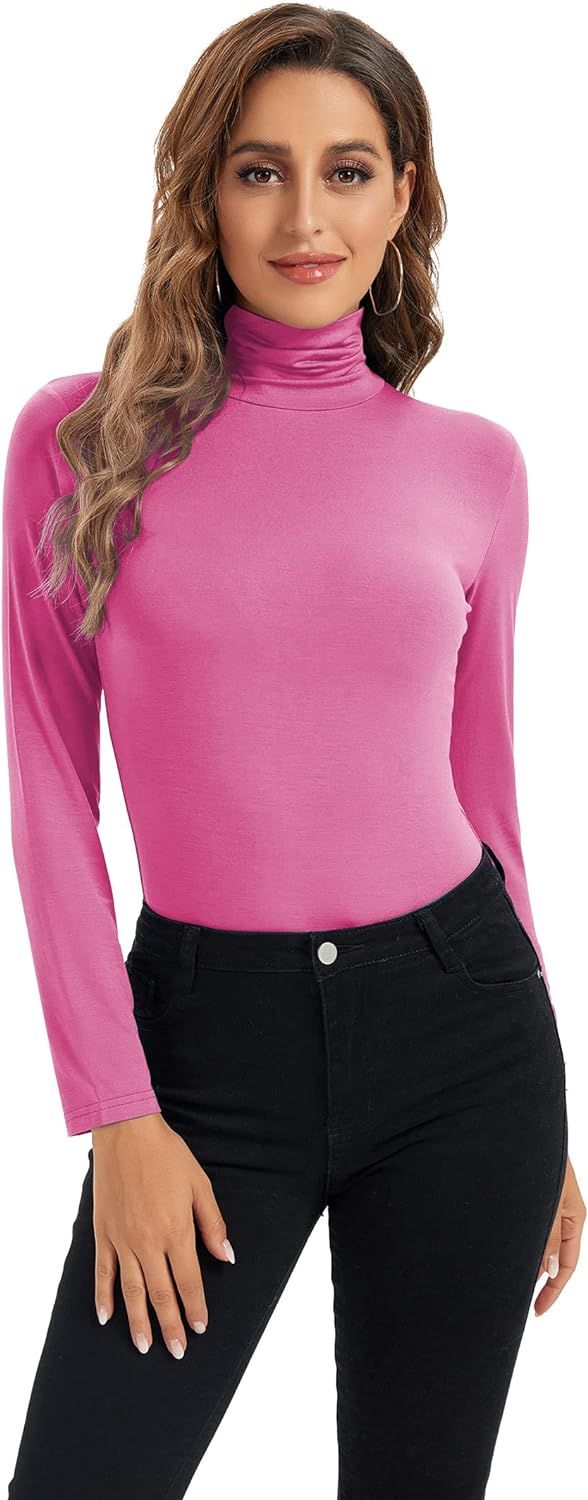 HoneyEcho Womens Long Sleeve Turtleneck Tops Soft Stretchy Fitted Base Layer Shirt | Amazon (US)