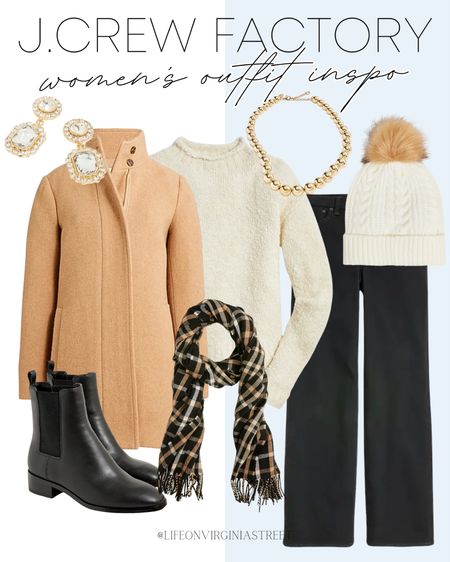 J. Crew Factory Women's Outfit Inspo! This is the perfect winter outfit! It transitions perfectly from the office to running errands!

Camel pea coat, white boucle sweater, white beanie, black pants, black leather booties, plaid scarf, gold jewelry

#LTKstyletip #LTKworkwear #LTKSeasonal