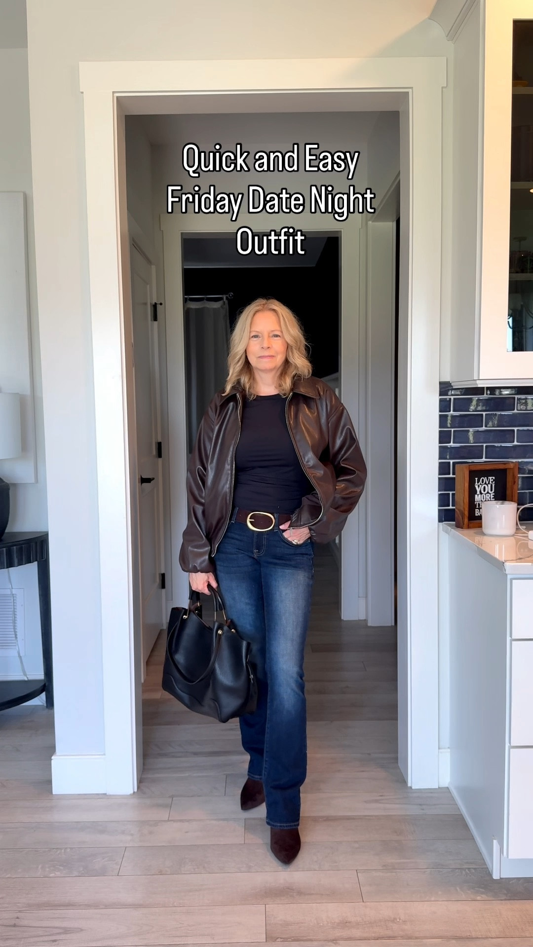 Proof that all you need for date night is jeans, a tee, and the right jacket. Nothing fancy, just comfy and cute…exactly what Friday nights are for! We can’t link to Zara yet but here’s the URL for you to copy and paste…  Zara faux leather jacket fits tts, I’m wearing a small. 
https://www.zara.com/us/en/faux-leather-bomber-jacket-p06318253.html?v1=487008159 
Faux fur jacket also fits tts, I’m wearing a small.  Jeans are 27 or size 4.  I sized up to a large in this fitted black tee for a longer length.
#timelessstyle #outfitinspo #over50 #fashion #style #easyoutfit #outfitideas #ootd #shopping #whattowear #daytonight #fridayvibes #fallvibes 

#LTKOver40 #LTKStyleTip #LTKSeasonal