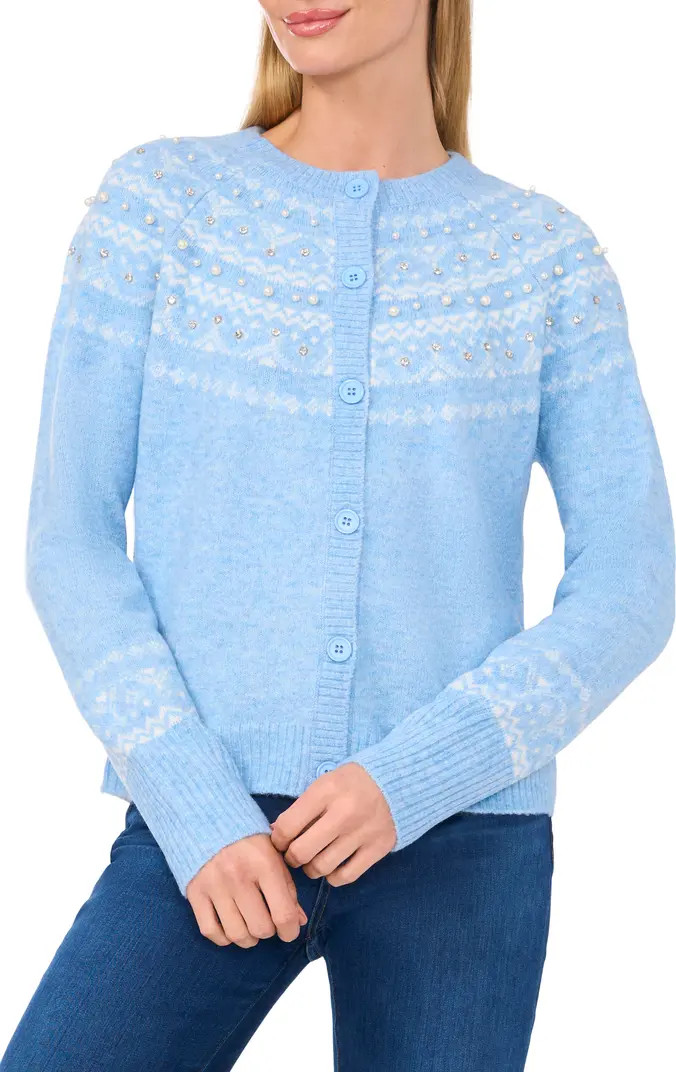 CeCe Imitation Pearl & Crystal Detail Fair Isle Cardigan Sweater | Nordstrom | Nordstrom
