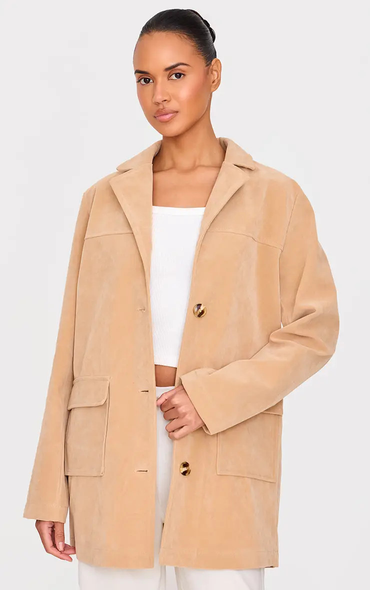 Beige Oversized Longline Faux Suede Blazer Coat | PrettyLittleThing | PrettyLittleThing UK