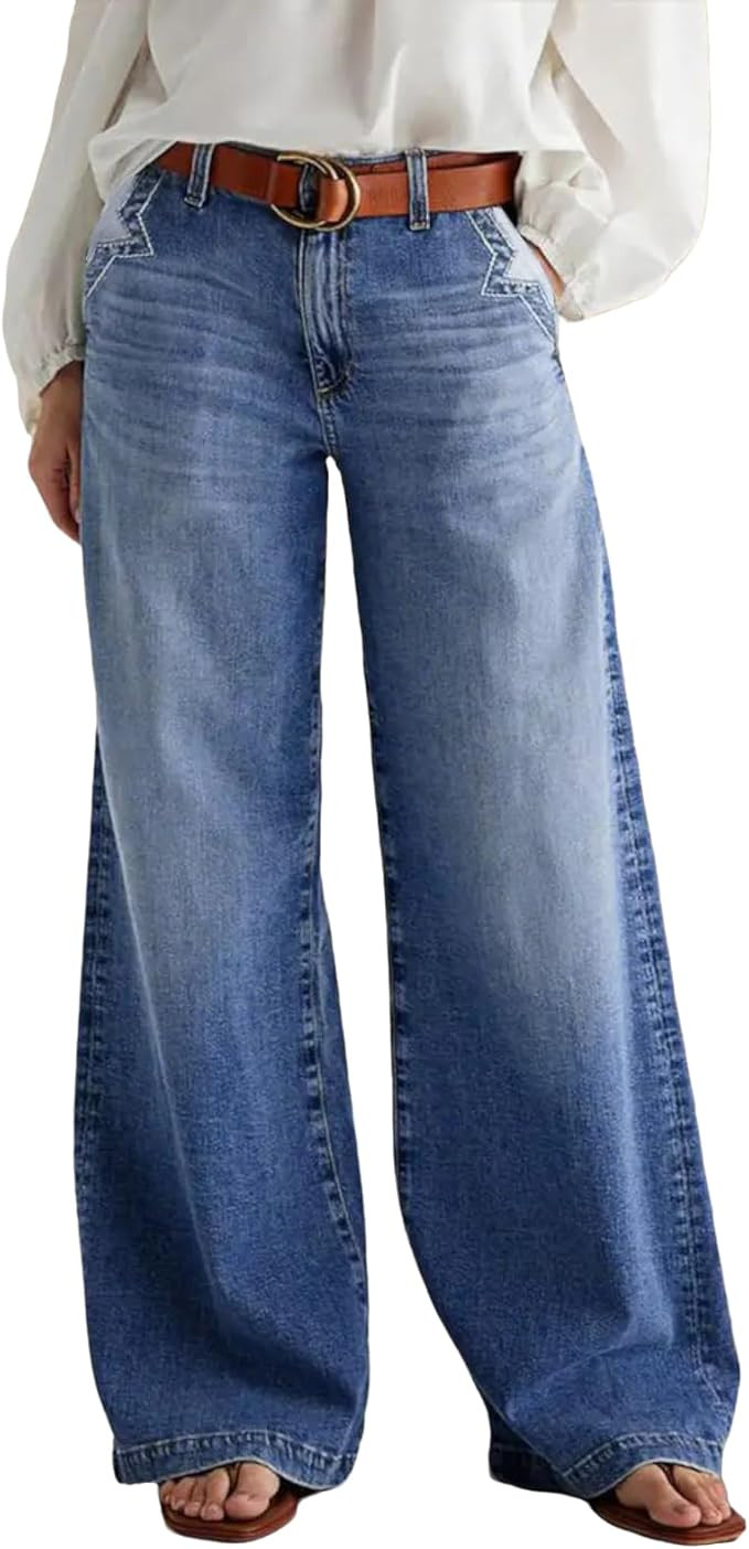 Wide Leg Jeans for Women Mid Waist Baggy Stitch Decor Denim Washed Pants Without Belt | Amazon (US)