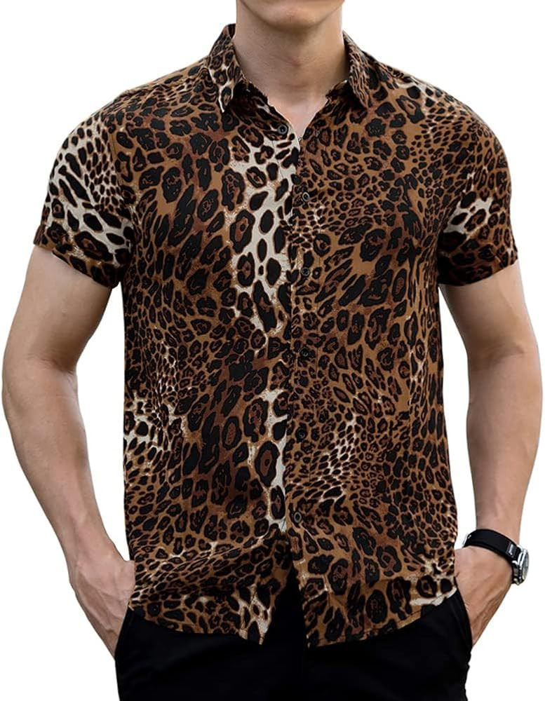 LOGEEYAR Mens Fashion Shirts Leopard Snakeskin Print Button Down Summer Short Sleeve Casual Shirt | Amazon (US)
