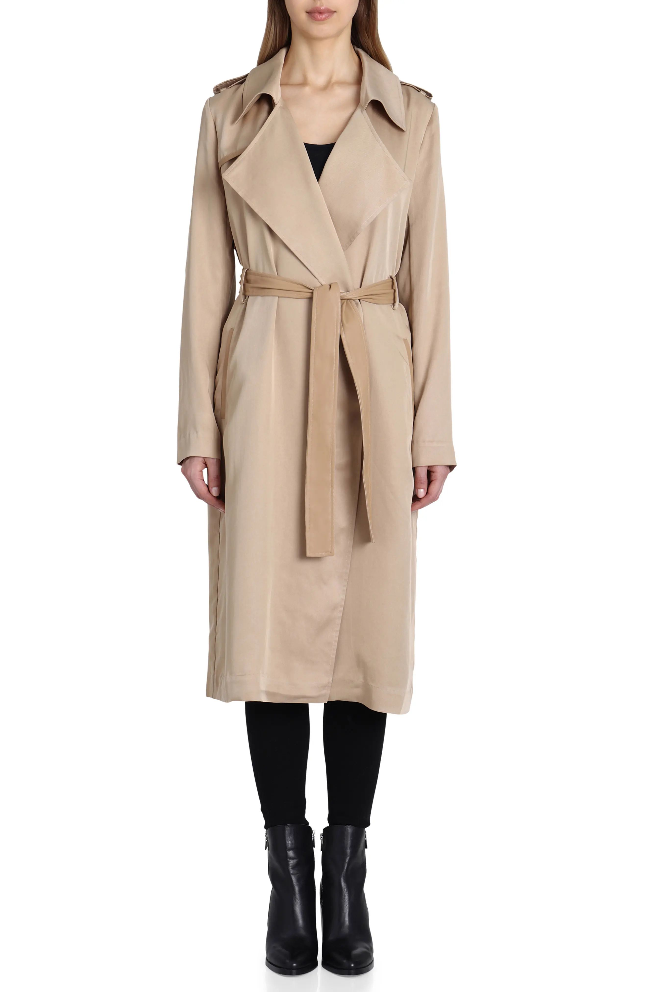Badgley Mischka Faux Leather Trim Long Trench Coat | Nordstrom